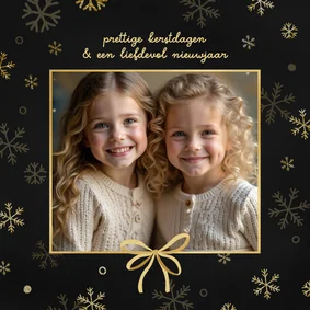 Fotokaart kerst gouden sneeuwvlokjes en strikje