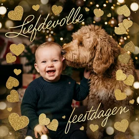 Fotokaart kerst liefdevolle feestdagen hartjes goud