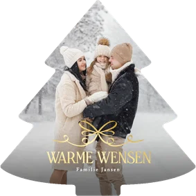Fotokaart kerstmis in kerstboom vorm met gouden strik 