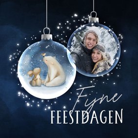 Fotokaart konijntje en ijsbeer in kerstbal met foto