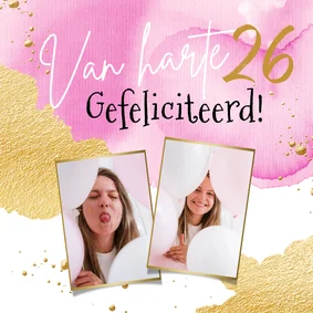 Fotokaart met watercolor in roze en goud