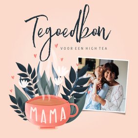 Fotokaart tegoedbon theekopje met plantjes en hartjes