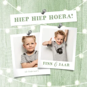Fotokaart uitnodiging houtlook groen lampjes met foto
