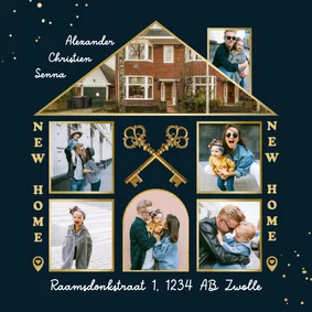 Fotokaart verhuisbericht huis fotocollage sleutels goud