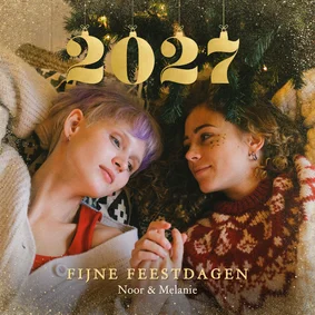 Fotokaart vierkant kerst met jaartal kerstballen goud