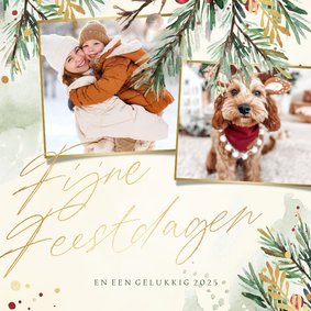 Fotokaart waterverf 2 foto's kerst takjes met goud