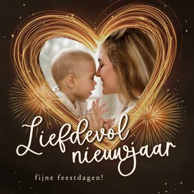 Fotokaartje met gouden hart vuurwerk en foto nieuwjaar