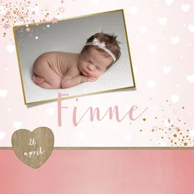 Geboorte lief en hip, roze kaartje met foto en hartjes