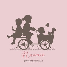 Geboortekaart bakfiets baby meisje met grote zus en broer