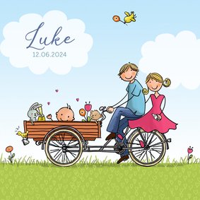 Geboortekaart bakfiets blauw blond