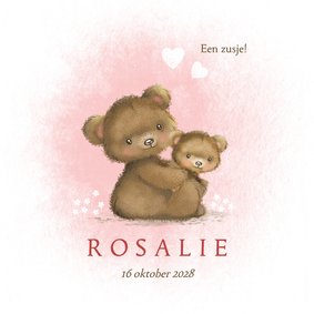 Geboortekaart beren tussen bloempjes roze