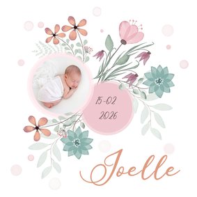 Geboortekaart bloemen en cirkel voor babyfoto