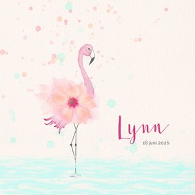 Geboortekaart flamingo met bloem-lijfje