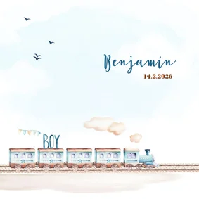 Geboortekaart jongen trein en vliegtuig