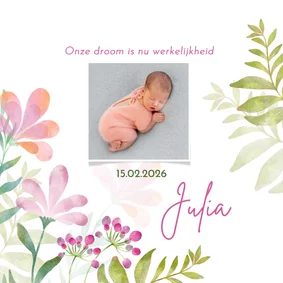 Geboortekaart meisje aquarel bloemen en foto