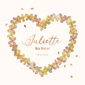 Geboortekaart met hart van hortensiabloempjes