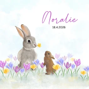 Geboortekaart moeder- en babykonijn tussen de krokussen