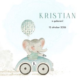 Geboortekaart olifant met ballon in auto