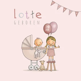 Geboortekaart zusje kinderwagen 
