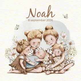 Geboortekaartje 5e broertje met groot gezin in bloemenweide