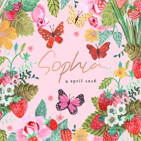 Geboortekaartje aardbeien bloemen vlinder