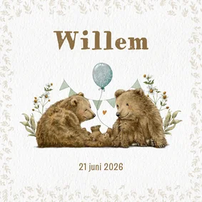 Geboortekaartje beer met ballon tussen familie en bloemen