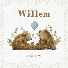 Geboortekaartje beer met ballon tussen familie en bloemen