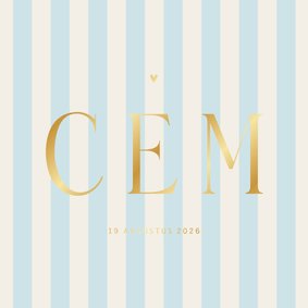 Geboortekaartje blauw beige gestreept goudfolie vierkant