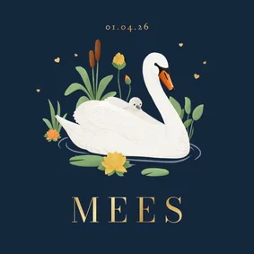 Geboortekaartje blauw zwaan waterlelie groen stijlvol goud