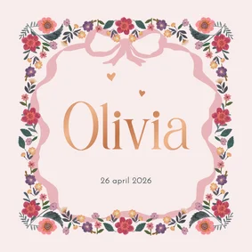 Geboortekaartje bloemen en roze strik vierkant