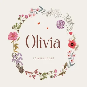 Geboortekaartje bloemen krans rond
