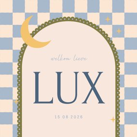 Geboortekaartje boog blauw groen ruitjes met maan modern