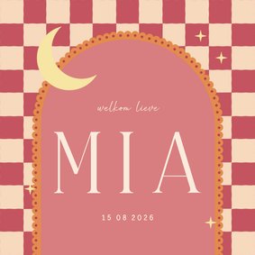 Geboortekaartje boog roze oranje ruitjes met maan