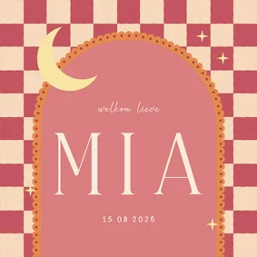 Geboortekaartje boog roze oranje ruitjes met maan