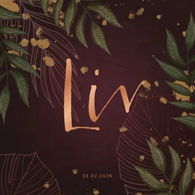 Geboortekaartje bordeaux met jungle bladeren