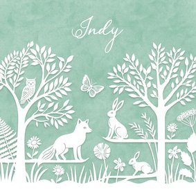 Geboortekaartje bosdieren papierknipkunst groen