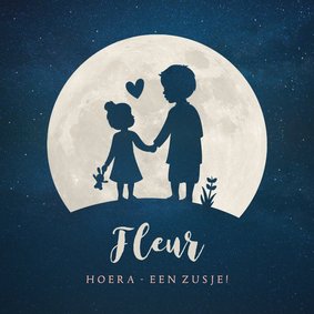 Geboortekaartje broer zusje - silhouet hand in hand met maan