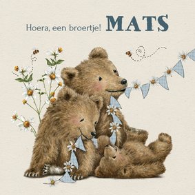 Geboortekaartje broertje met beertjes tussen de bloemen
