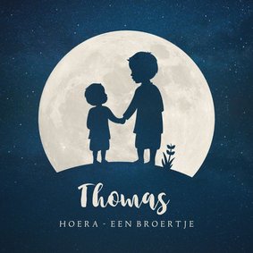 Geboortekaartje broertje silhouet hand in hand met maan