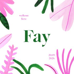 Geboortekaartje colorblocking roze groen bladeren