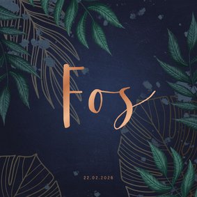 Geboortekaartje donkerblauw met jungle bladeren 