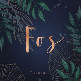 Geboortekaartje donkerblauw met jungle bladeren 