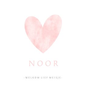 Geboortekaartje eenvoudig wit met roze waterverf hart