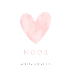 Geboortekaartje eenvoudig wit met roze waterverf hart