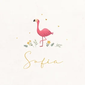 Geboortekaartje flamingo minimalistisch hartjes goud bloemen