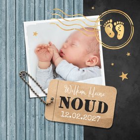 Geboortekaartje foto label houtlook stempel goud 