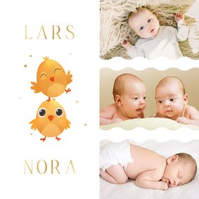 Geboortekaartje fotocollage tweeling kuikentjes lente goud