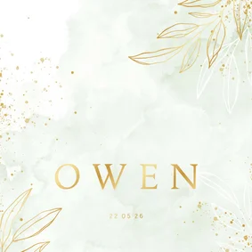 Geboortekaartje groene waterverf met blaadjes lief