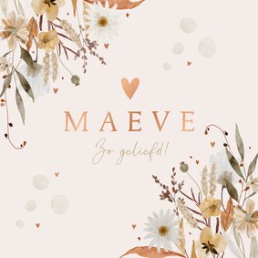 Geboortekaartje herfst en winterbloemen met hartjes