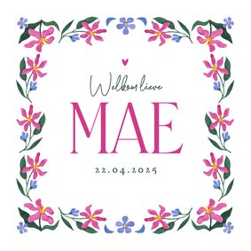 Geboortekaartje hip trend bloemen kader waterverf roze